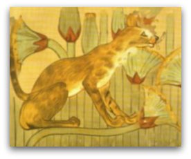 Ancient Egyptian artwork of a cat catching a bird