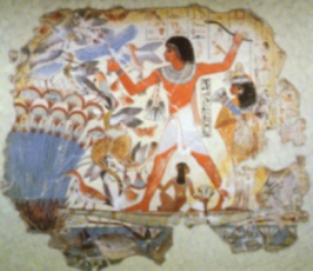 Ancient Egyptian tomb painting of a cat hunting in the marshes